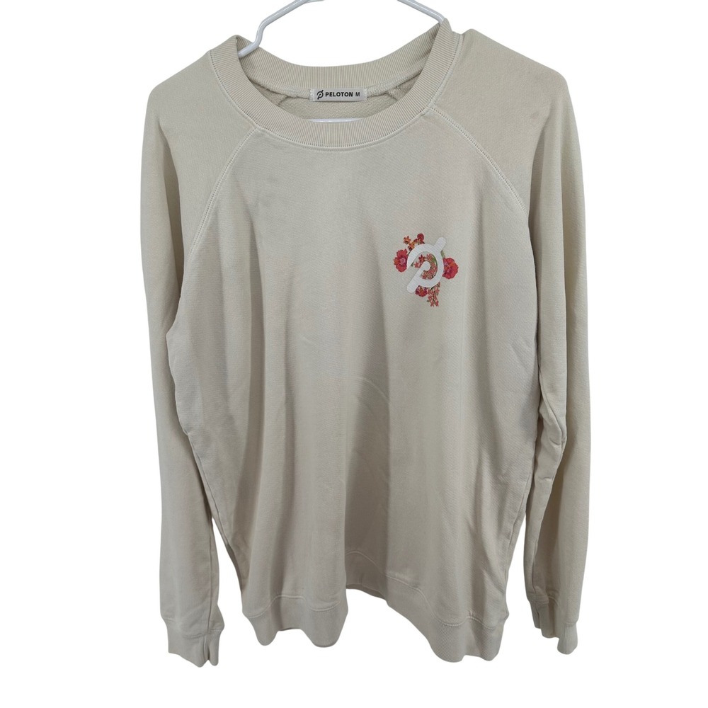 Peloton Women's Medium Cream Floral Logo Crewneck Sweatshirt Cotton Pullover USA